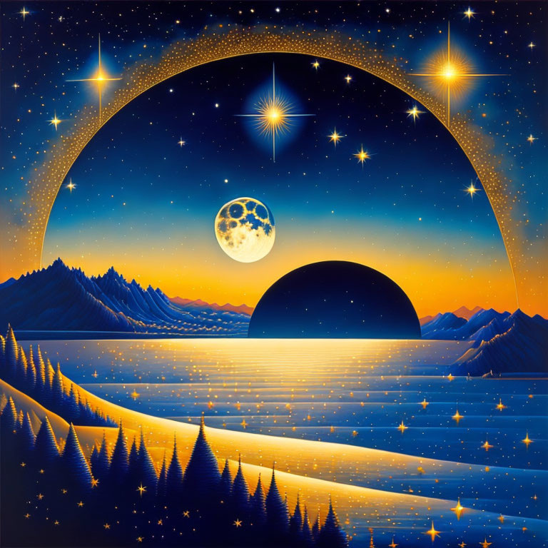 Nighttime fantasy landscape with mountains, forest, starry sky, moon, and planet over lake