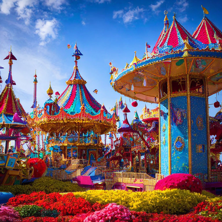 Colorful amusement park scene with merry-go-rounds and flowers under clear blue sky