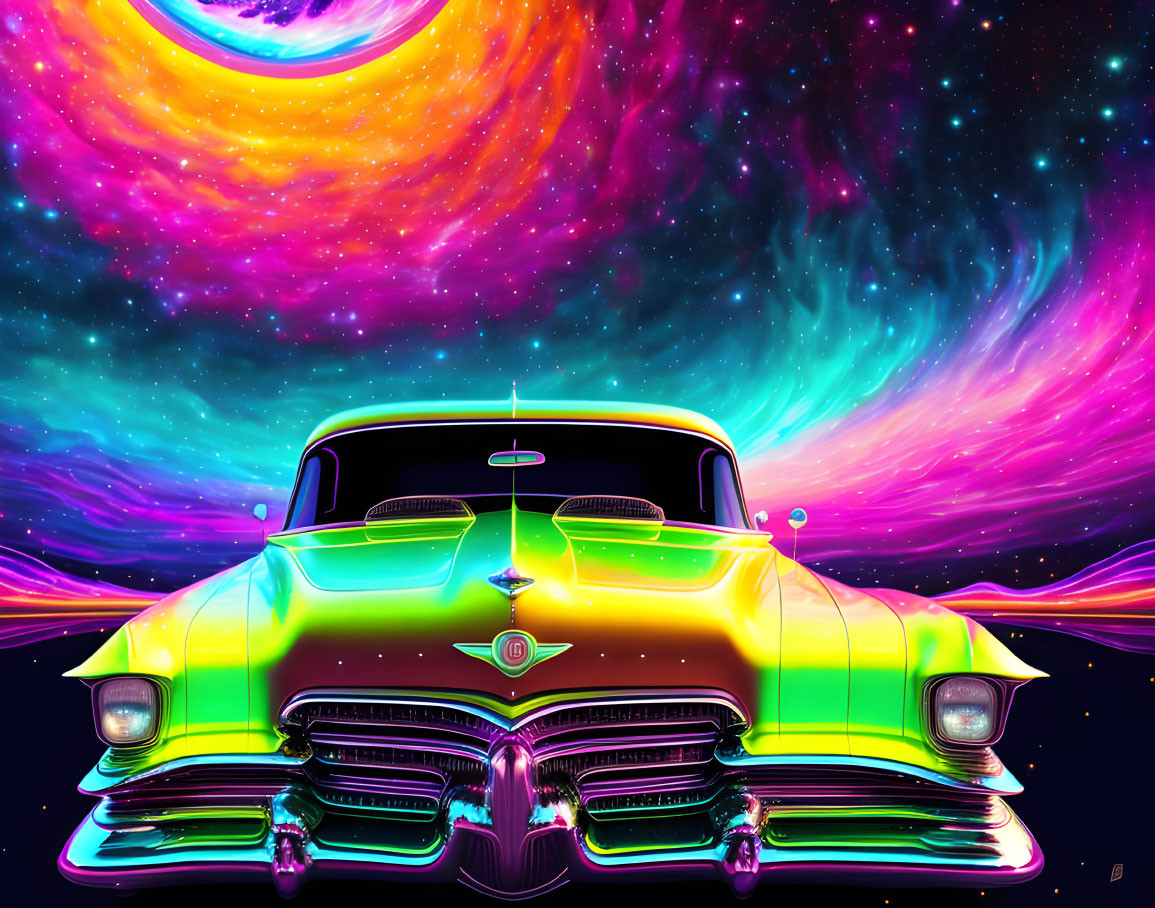 Vintage Car in Vibrant Yellow-Green Against Psychedelic Galaxy Backdrop