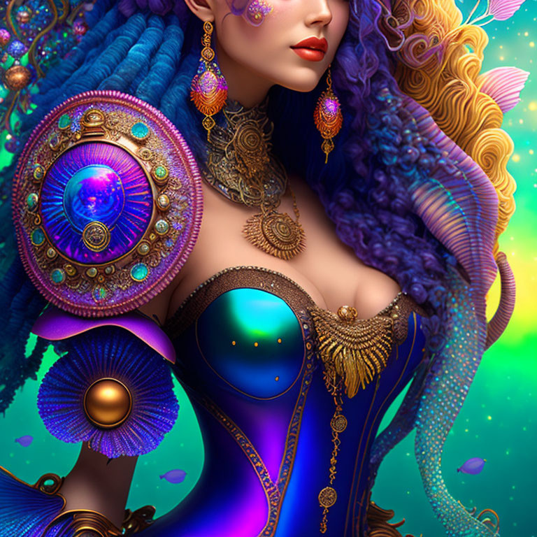 Colorful digital art: Woman with blue hair, gold jewelry, and cosmic armor.