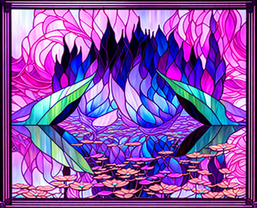 Abstract Floral Stained Glass Window in Purple, Blue, and Pink