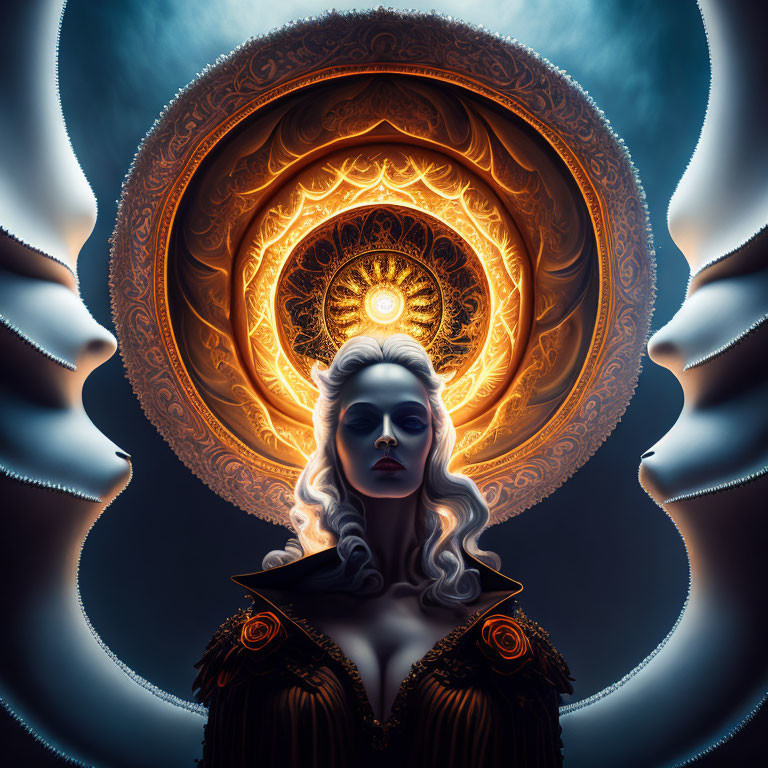 White-Haired Woman in Dark Ornate Attire with Golden Eyes and Mandala-like Halo