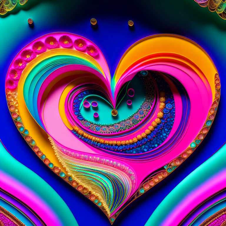 Colorful Fractal Art with Heart Shapes in Pink, Blue, and Gold Tones