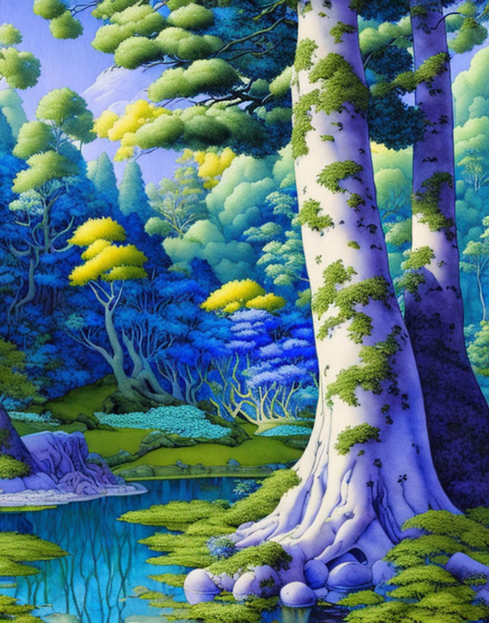 Surreal forest with blue and green palette and stylized trees