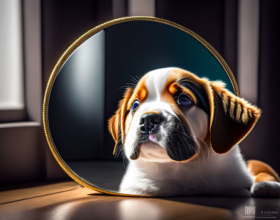 Curious puppy in sunlight peers through round mirror