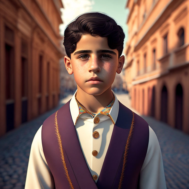 Young boy with dark hair and vintage attire in old European street