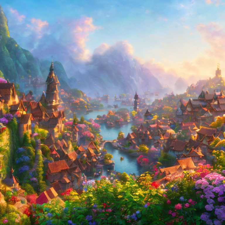 Fantasy landscape with river, village, lush flora, and warm glowing sky