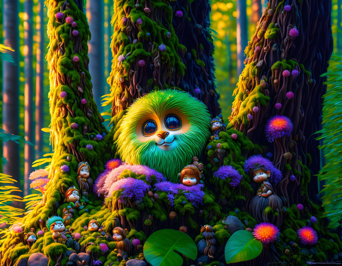 Colorful Forest Scene with Large Green Creature and Cute Characters