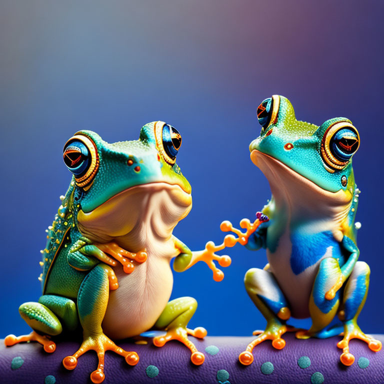 Colorful frogs with orange feet on blue-green bodies on purple-blue background