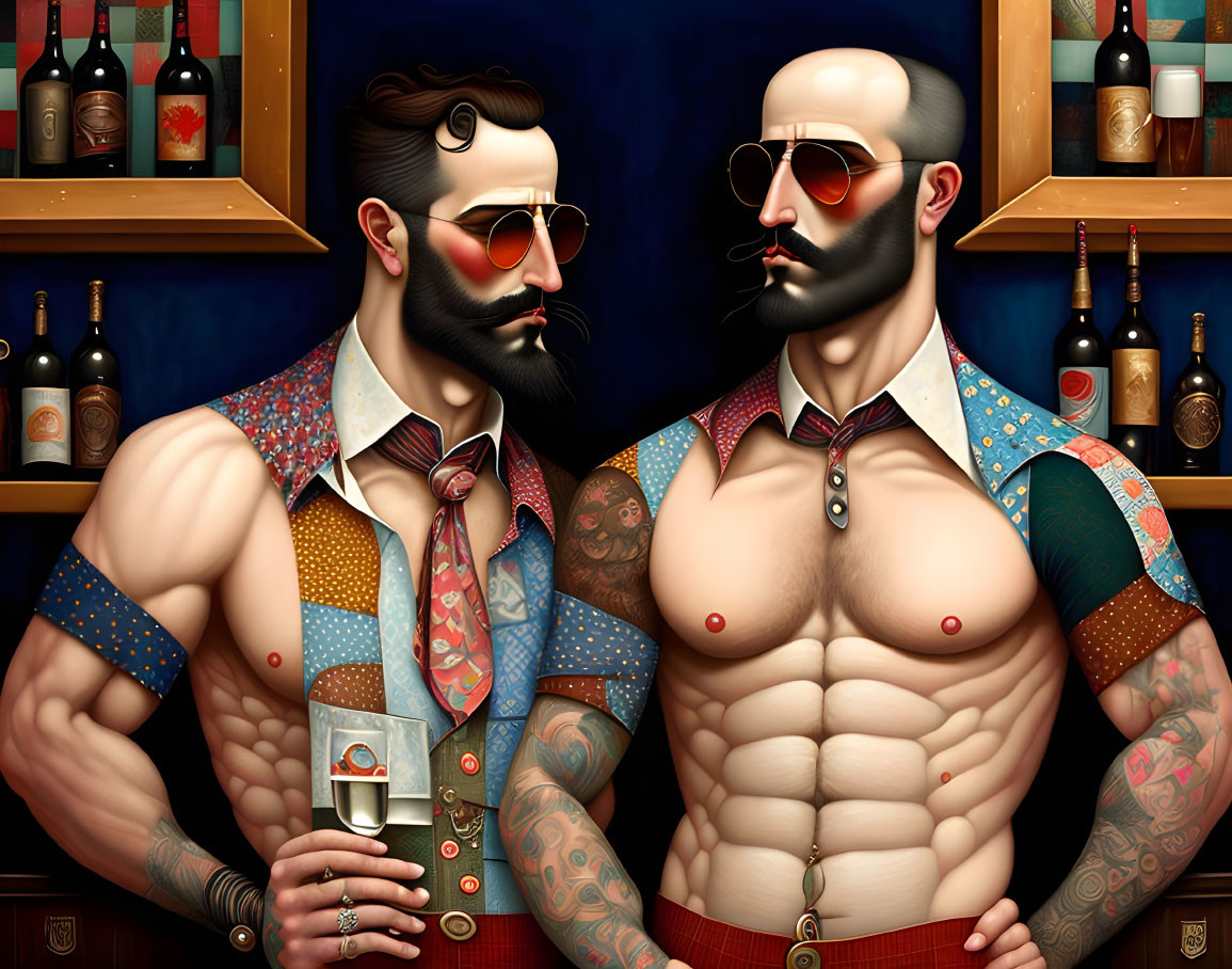 Muscular men with tattoos and handlebar mustaches at a bar.