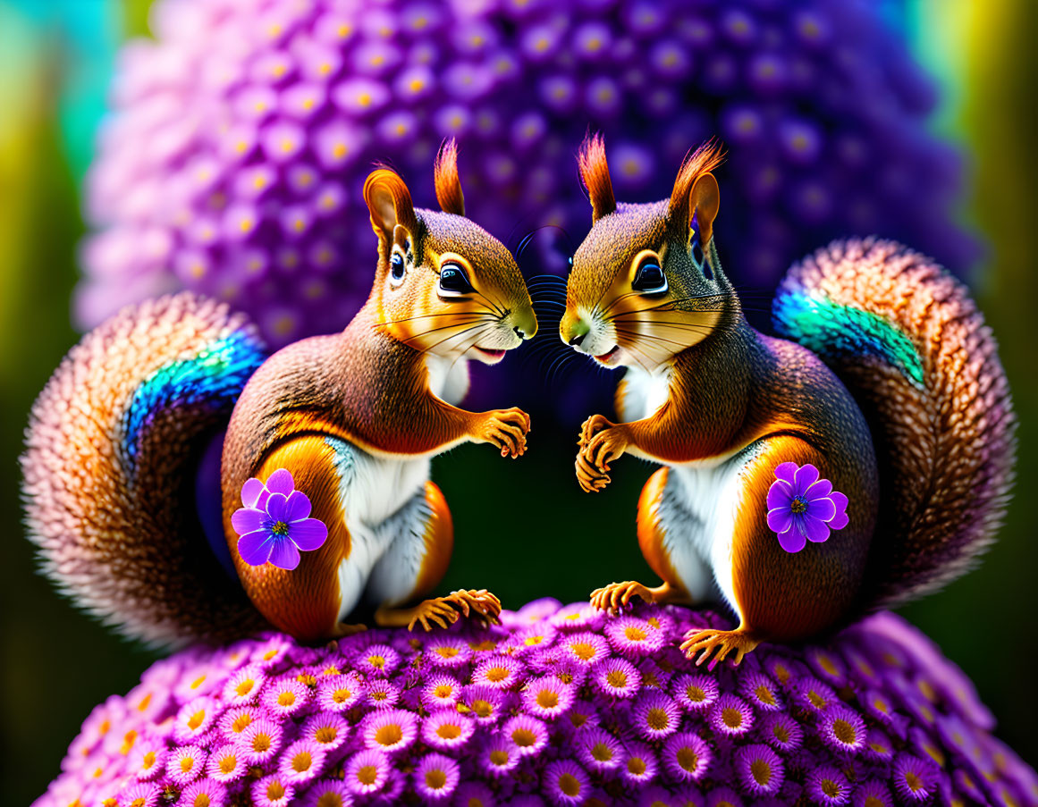 Colorful Squirrels with Purple Flowers on Heads and Bokeh Background