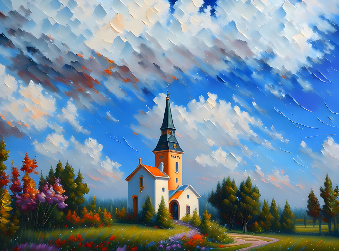 Vibrant pastoral landscape with colorful church and nature scene