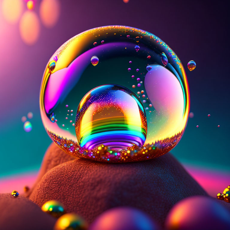 Iridescent bubble with droplets on textured surface