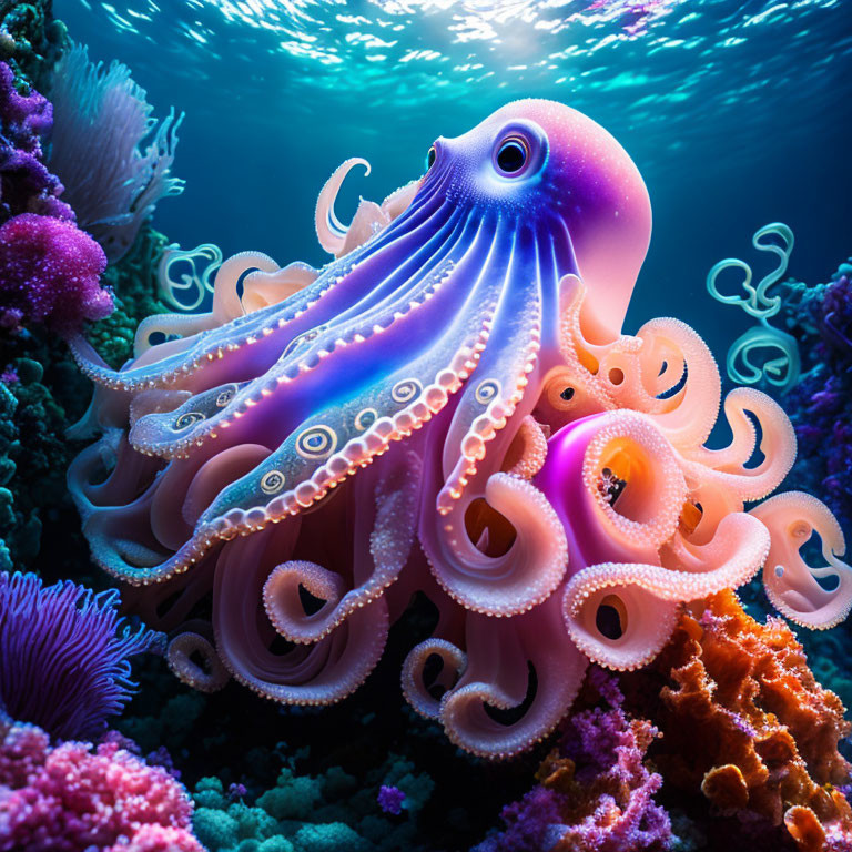 Colorful underwater scene with purple octopus and vibrant marine life