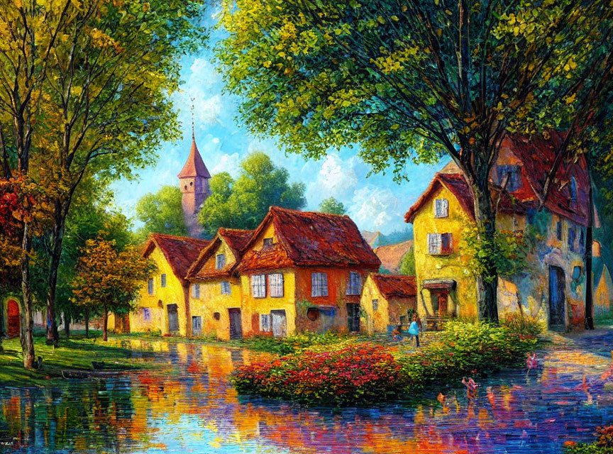 Colorful painting of quaint village with cobblestone paths, charming houses, river, trees, st