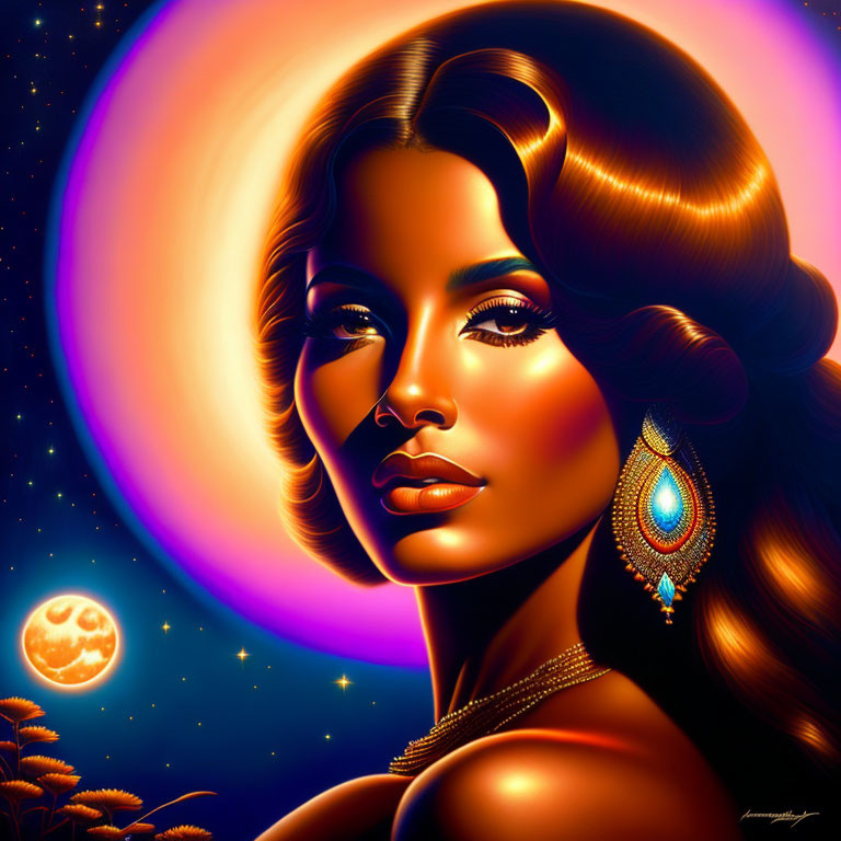 Digital portrait of woman with radiant skin and voluminous hair against celestial backdrop.