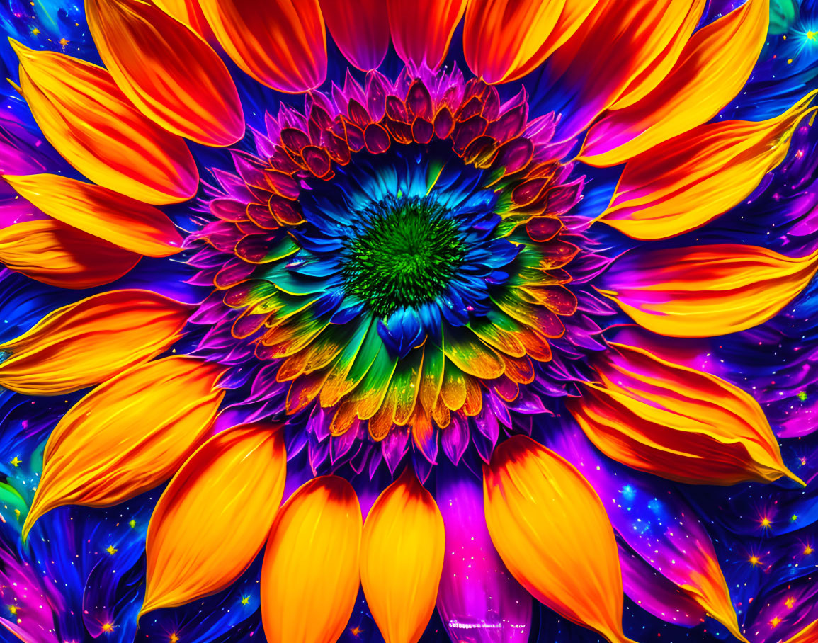 Colorful Sunflower Digital Artwork on Cosmic Background