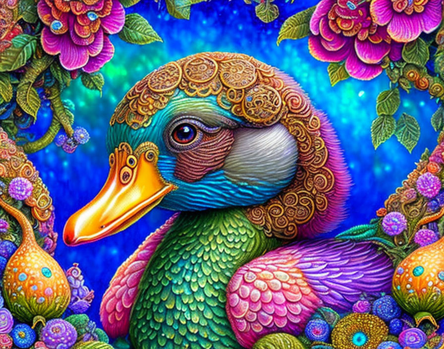 Colorful Duck Illustration with Floral Patterns on Blue Background