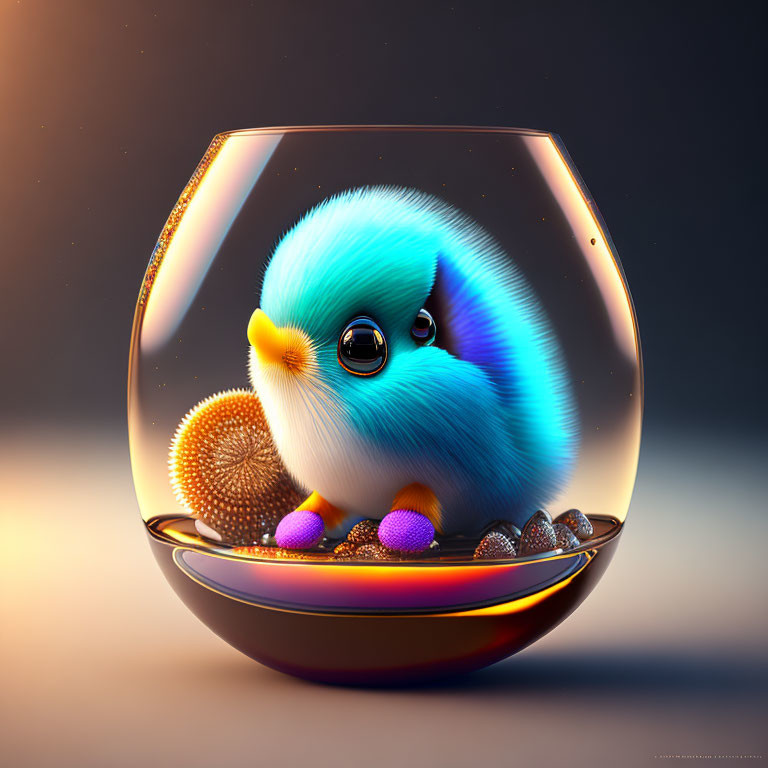 Fluffy Blue Creature in Fishbowl with Colorful Balls on Warm Background