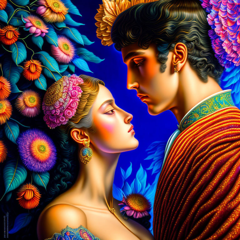 Colorful illustration of man and woman in ornate clothing with floral background