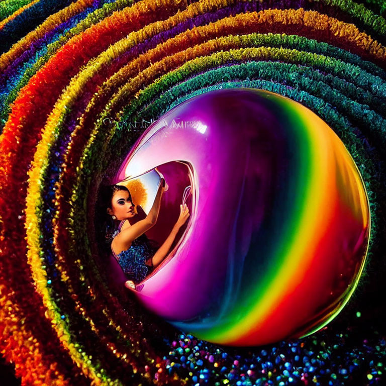 Woman reaching through rainbow tunnel in dark background