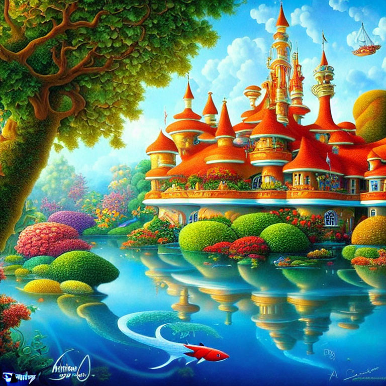 Fantasy artwork: Whimsical castle, airships, koi fish & gardens