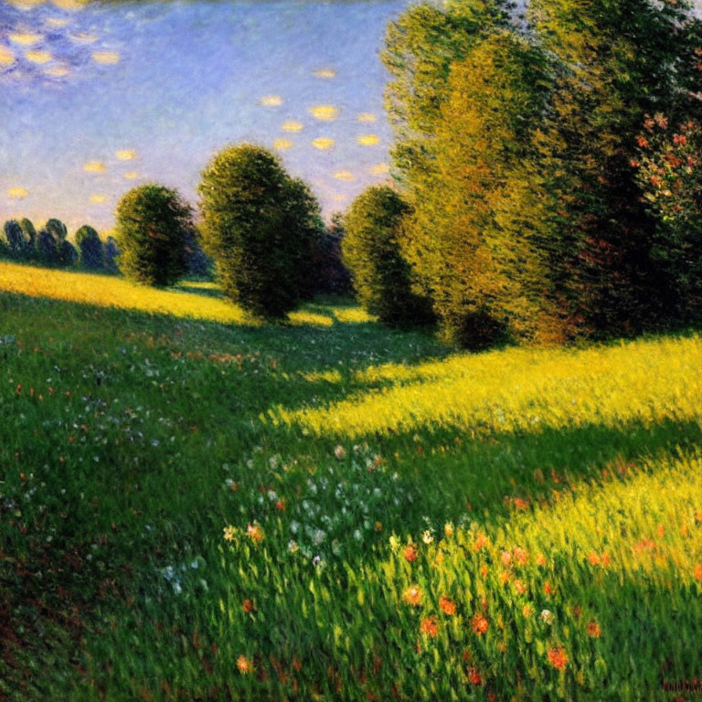 Colorful Impressionist Landscape Painting with Yellow Flowers and Green Trees