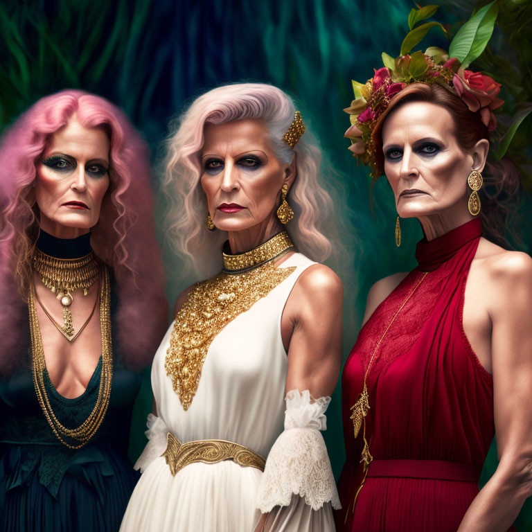 Three Women in Dramatic Makeup and Elegant Dresses with Pink Hair and Flowers in Hair Pose Intensely