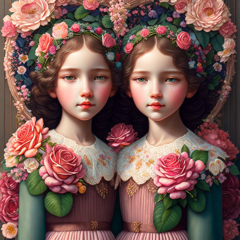 Two girls in floral crowns and dresses surrounded by roses in a vintage, painterly style.