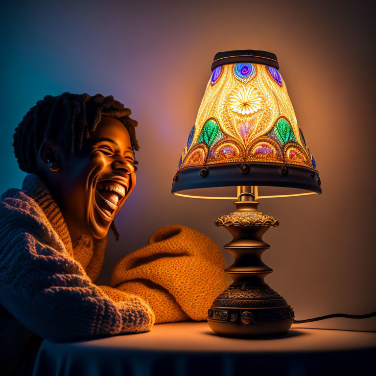 Person laughing next to decorative lamp in warm light