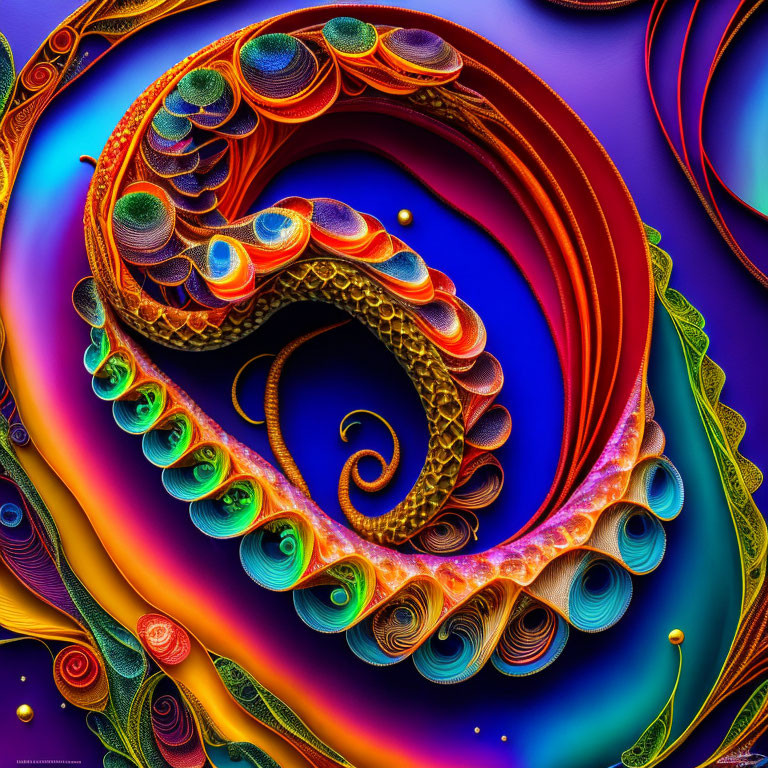 Colorful Fractal Artwork with Swirling Design in Blues, Oranges, and Greens