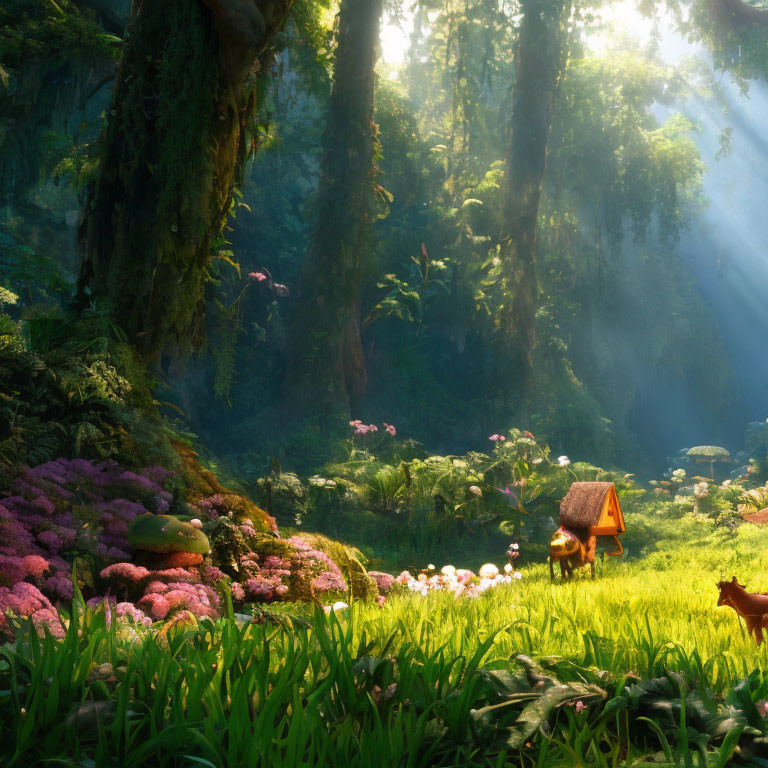 Colorful Forest Scene with Flowers, Character, and Sun Rays