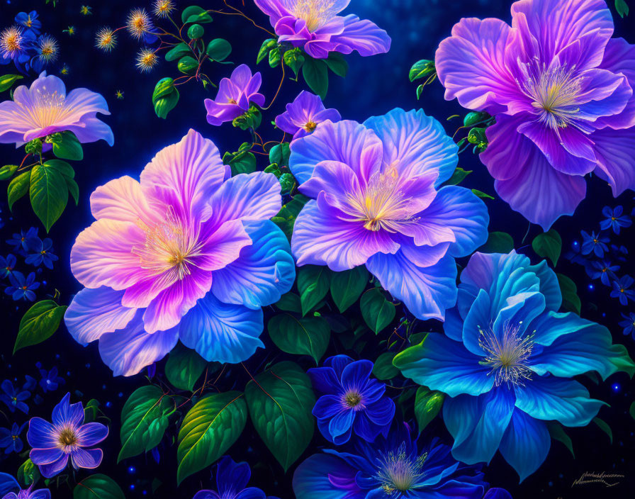 Colorful digital artwork featuring glowing purple and blue flowers on a dark backdrop