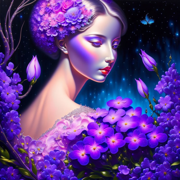 Vibrant woman with purple flowers and butterfly on starry night backdrop