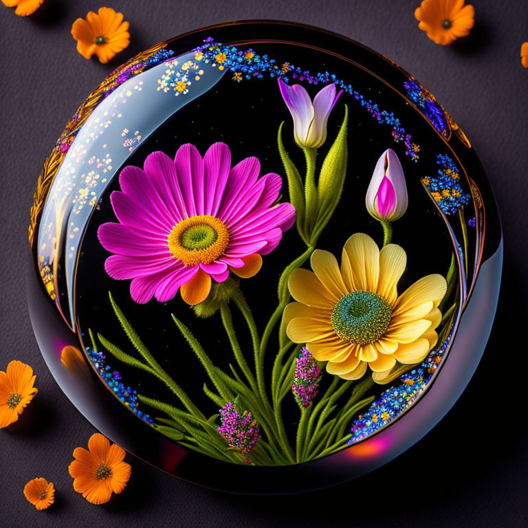 Colorful floral patterns on glossy spherical object against dark background