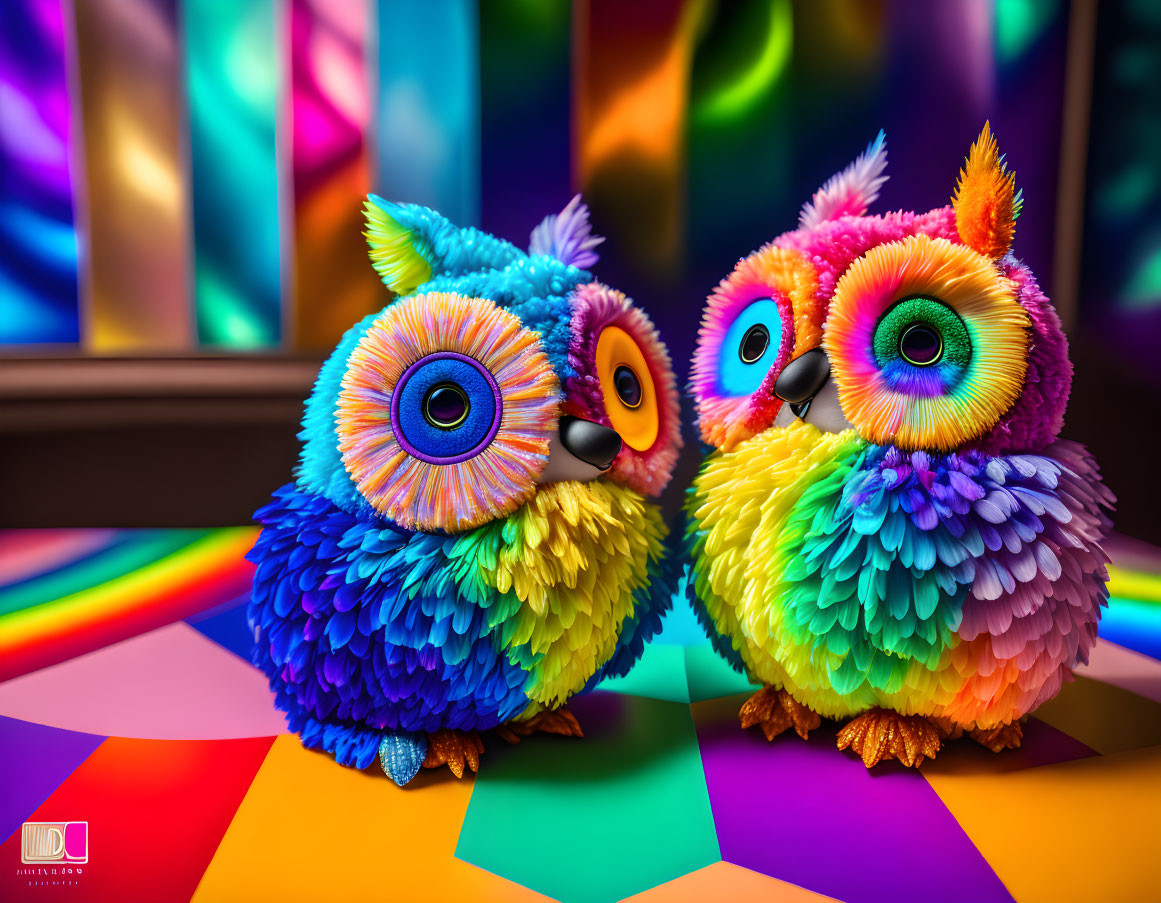 Colorful Stylized Owl Figurines on Geometric Surface