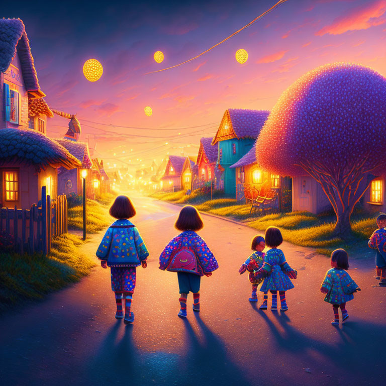 Children walking with backpacks in village street at dusk with glowing lanterns and illuminated houses.