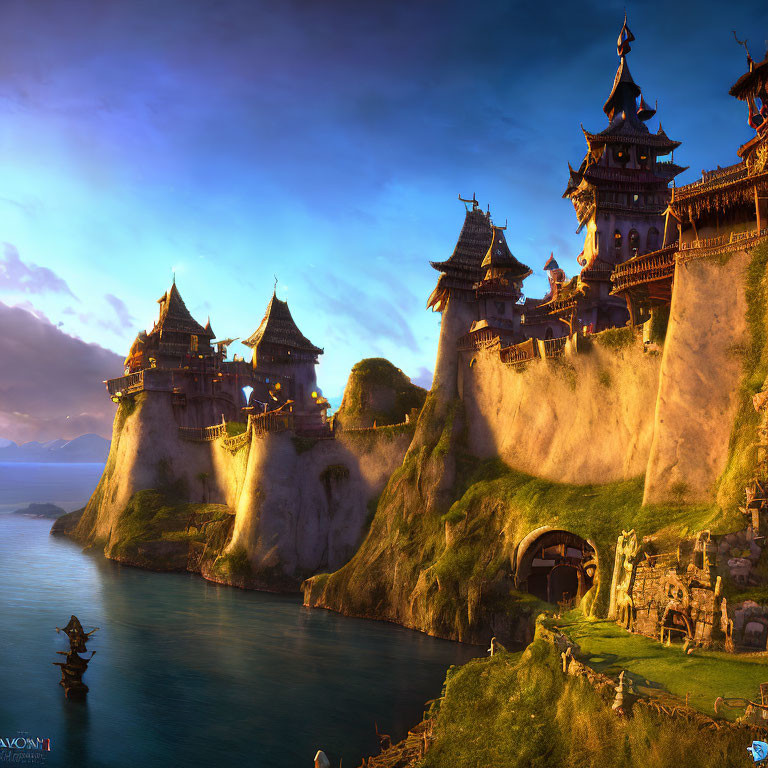 Cliffside castle by tranquil sea at sunset with ornate towers