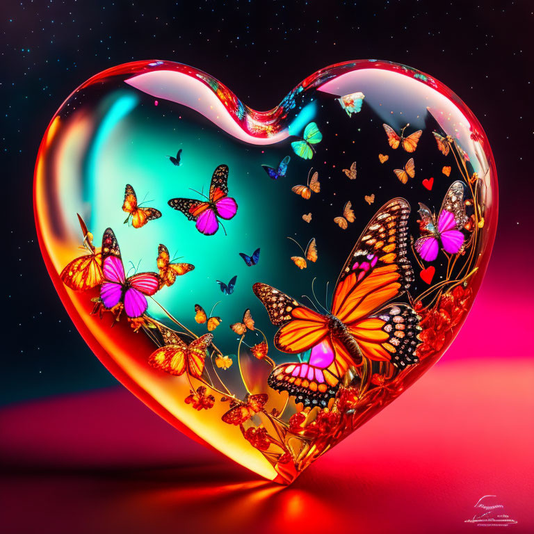 Colorful Butterflies in Vibrant Glass Heart on Red and Blue Background