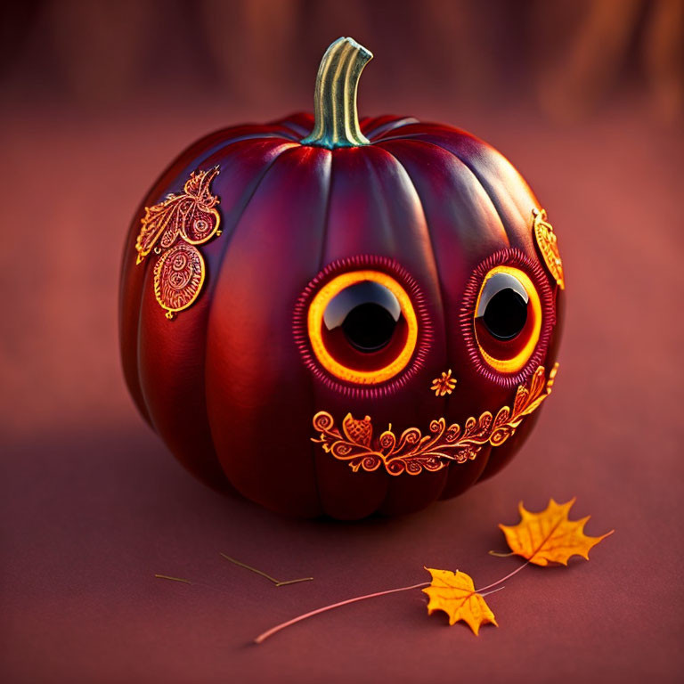 Intricately decorated gold-patterned pumpkin with whimsical eyes on autumn leaves