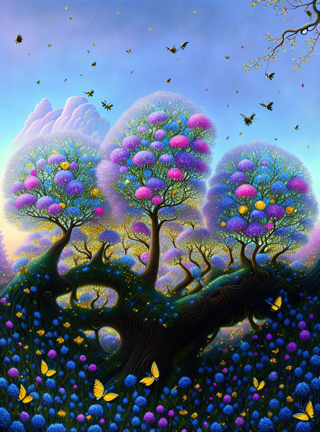 Colorful Blooming Trees in Fantasy Landscape with Flowers and Butterflies