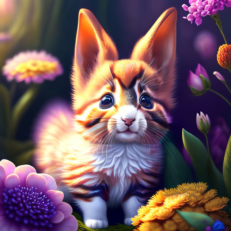 Illustration of kitten-bodied creature with rabbit ears in colorful flower setting