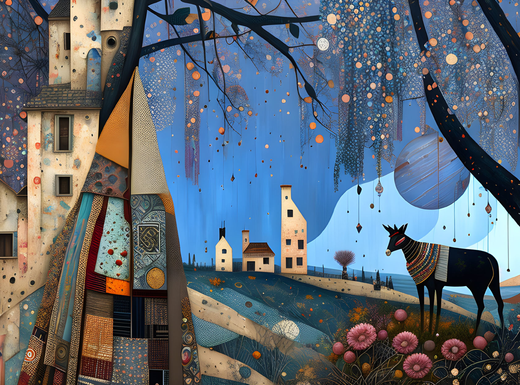 Whimsical landscape with patterned trees, lanterns, patchwork deer, and houses