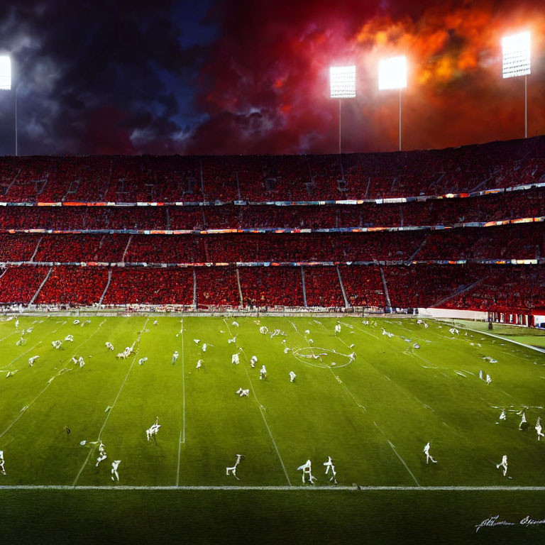 Packed Football Stadium with Dramatic Gameplay under Vibrant Skies