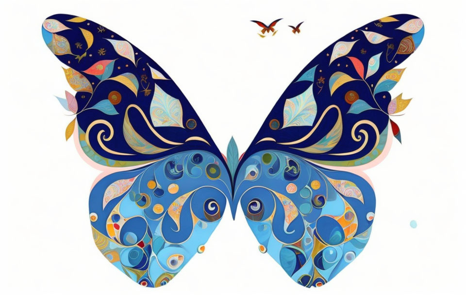 Colorful butterfly illustration with intricate patterns and birds on white background