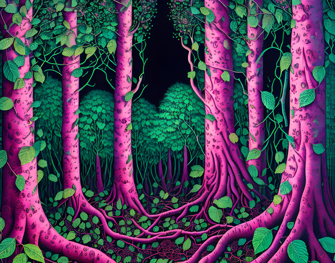 Colorful forest illustration with magenta trees and intricate roots under a dark blue sky