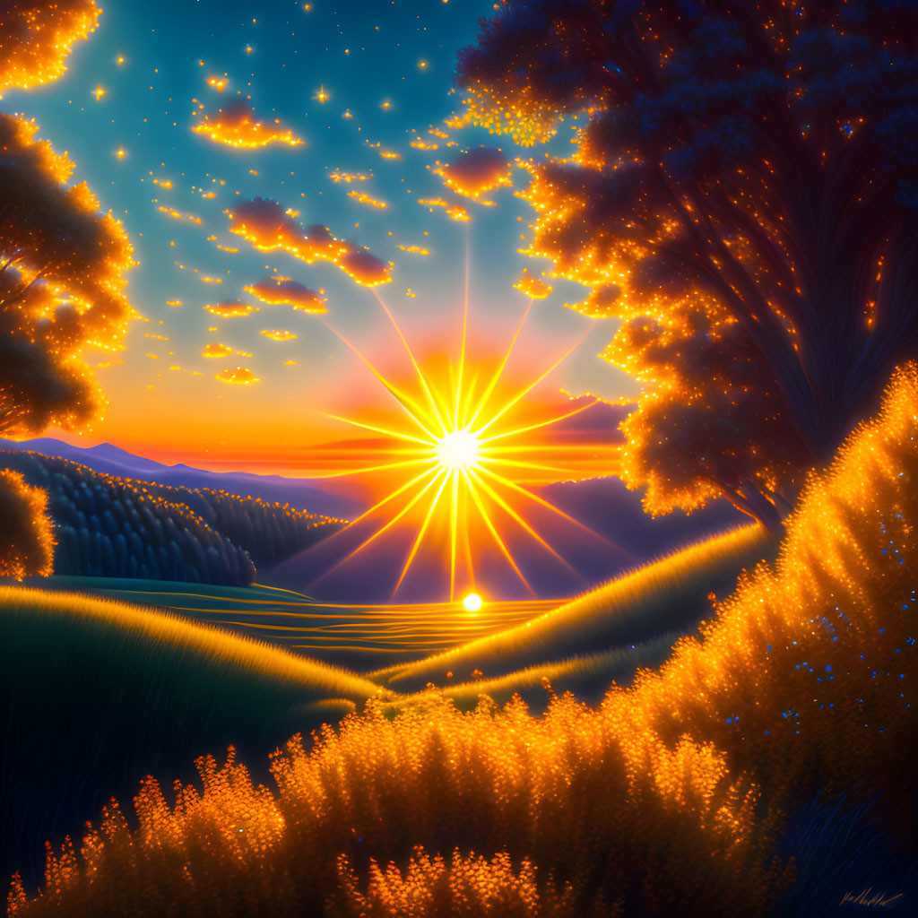 Colorful digital artwork: Sunset rays through tree silhouette over starry field