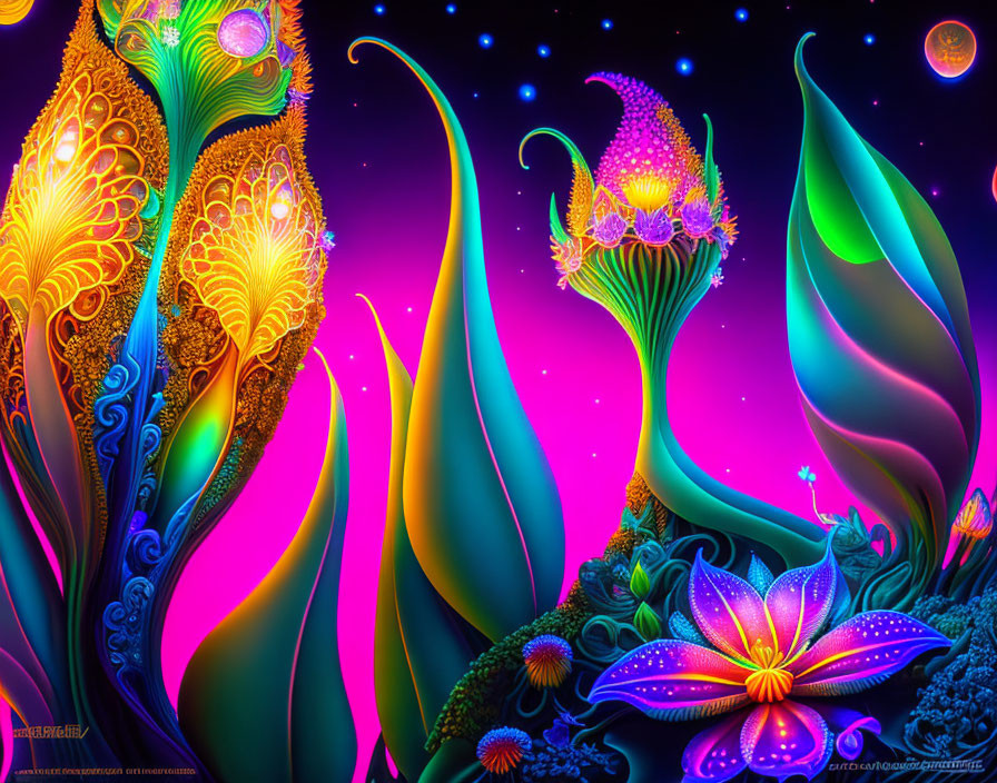 Colorful Psychedelic Plants on Starry Night Background