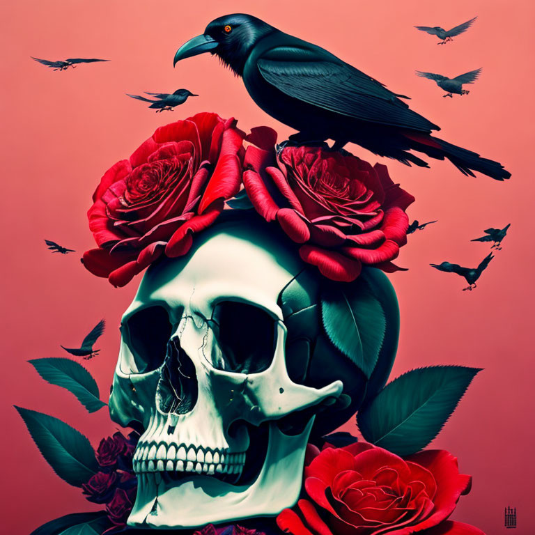 Digital art: Human skull with red roses, black raven, flying birds on pink backdrop