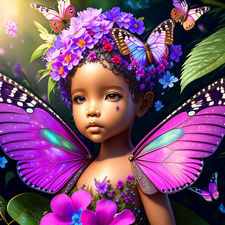 Child with fairy wings and floral butterflies in digital illustration